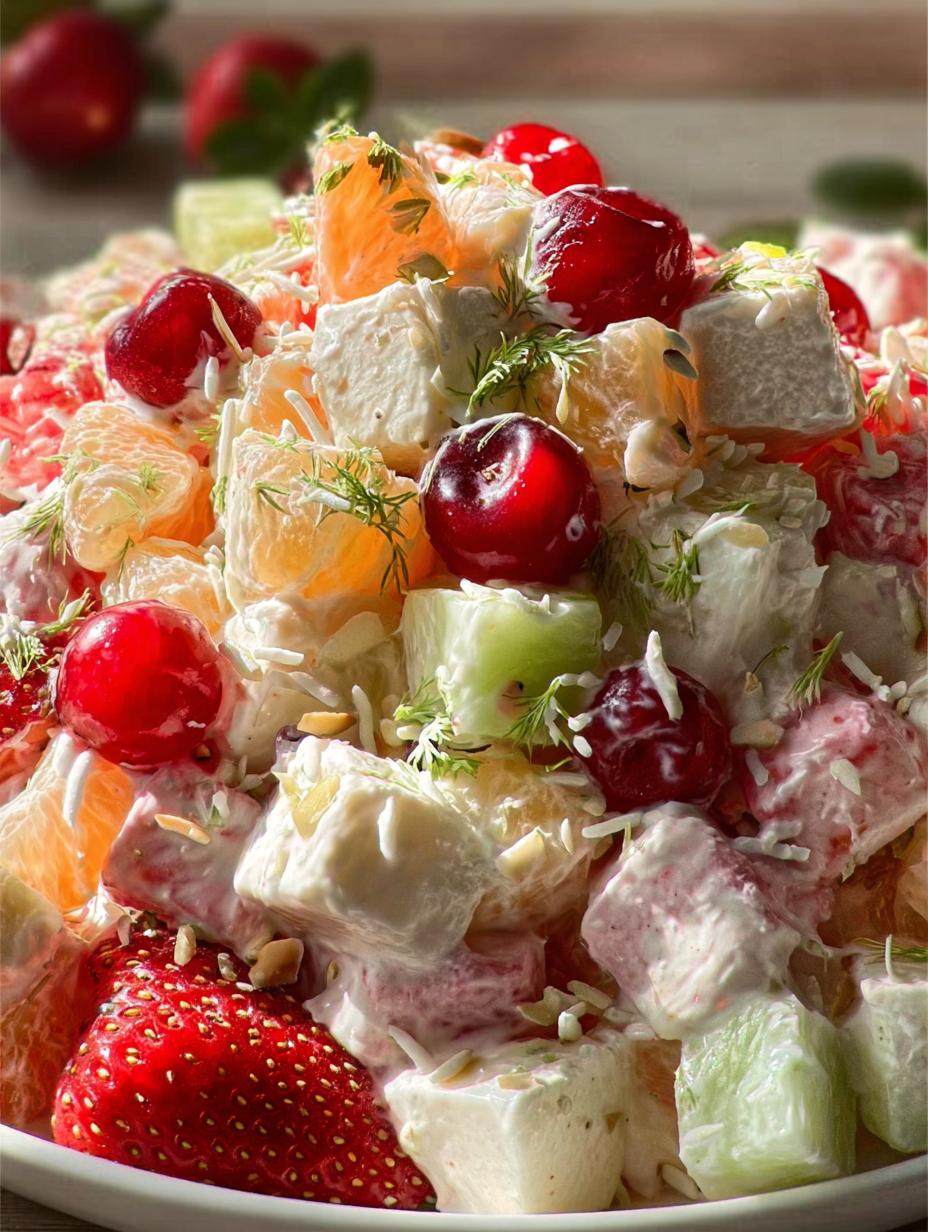 Joyful Ambrosia Salad with mandarin oranges, pineapple, and marshmallows in a clear glass bowl, ready to serve