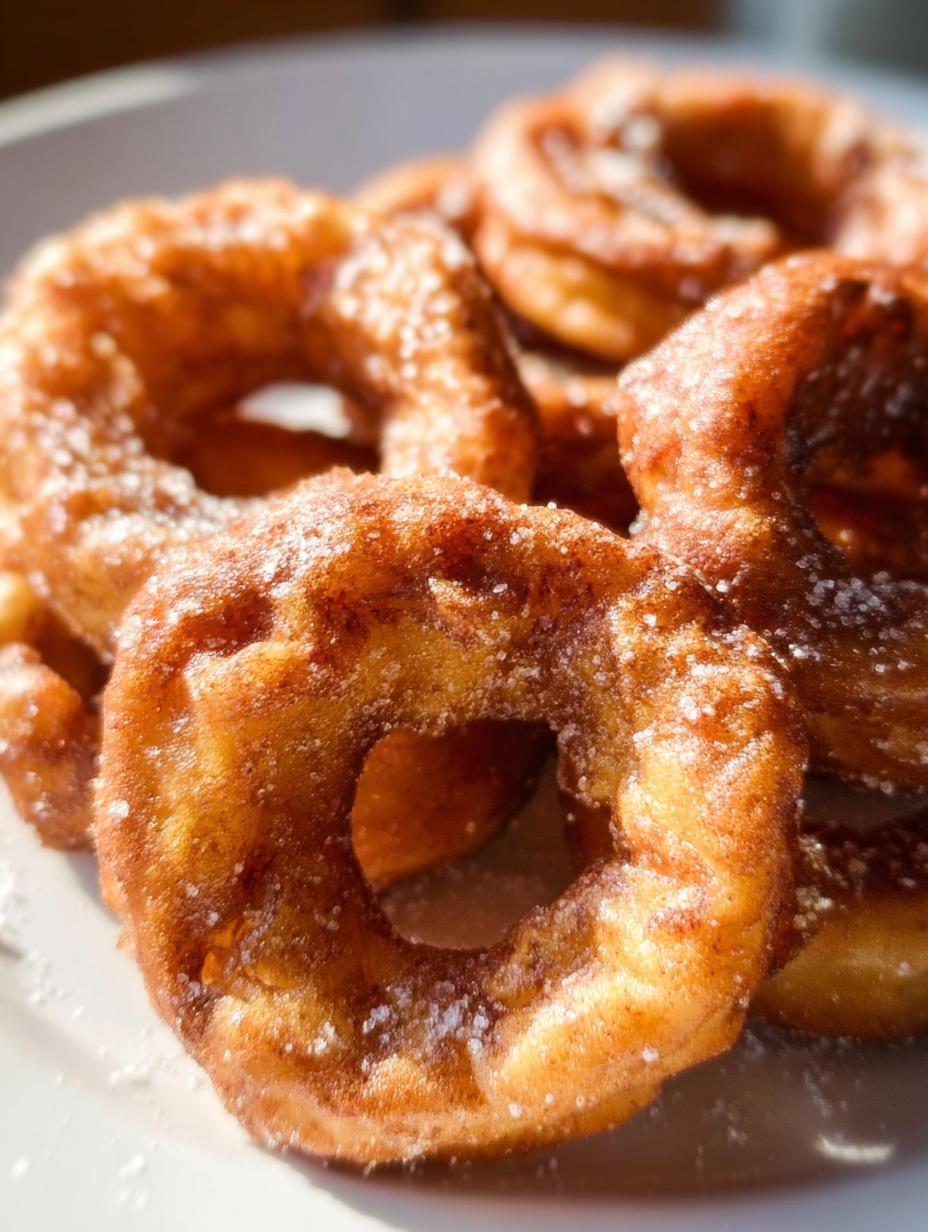 Delicious Apple Fritter Rings with a sweet glaze, ready to be served as an amazing treat.