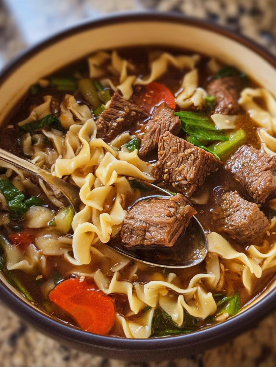 Close-up of a spoonful of Beef Noodle Soup showing tender beef, noodles, and broth, ready to eat.
