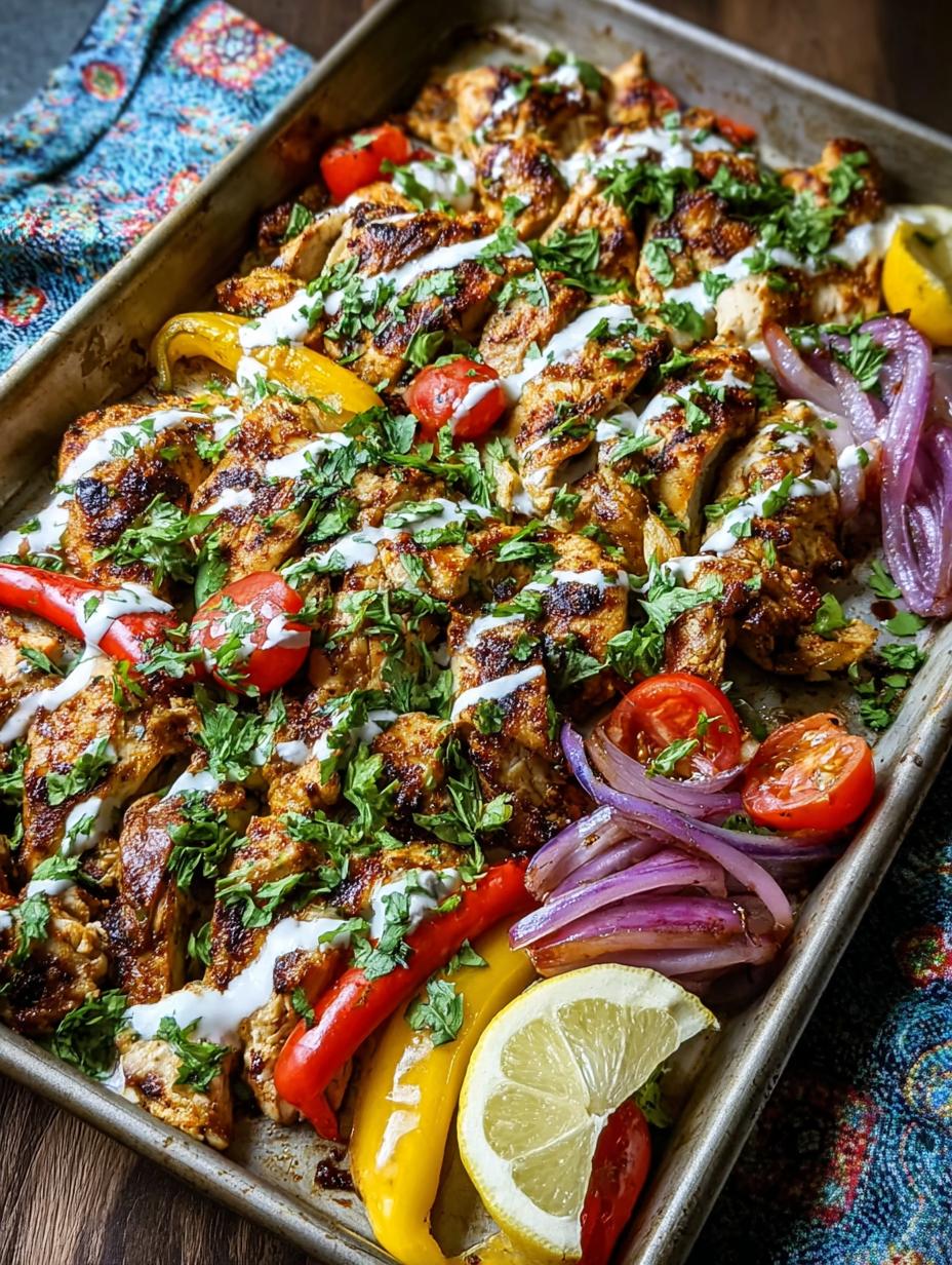 Chicken Shawarma Sheet Pan: 1 Easy, Amazing Meal 32 Close-up of Chicken Shawarma Sheet Pan with chicken, peppers, and onions, garnished with fresh parsley