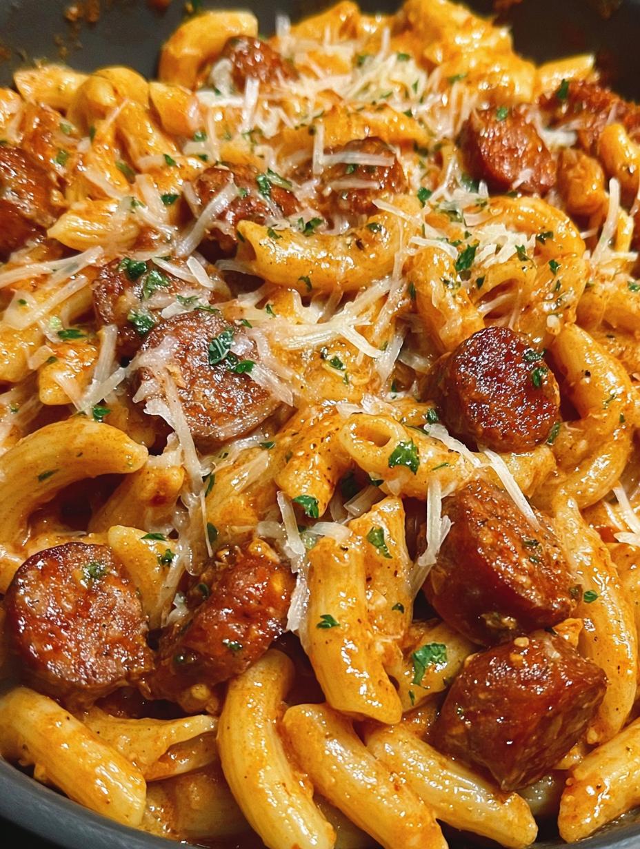 Delicious Sticky Sweet Garlic Buffalo pasta with penne, sausage, and creamy sauce in a skillet, garnished with green onions.