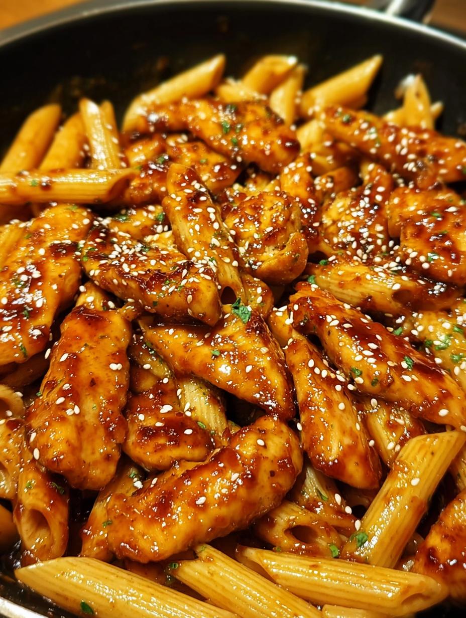 Delicious Sticky Teriyaki Garlic Honey Chicken Penne, garnished with green onions and sesame seeds, ready to be served.