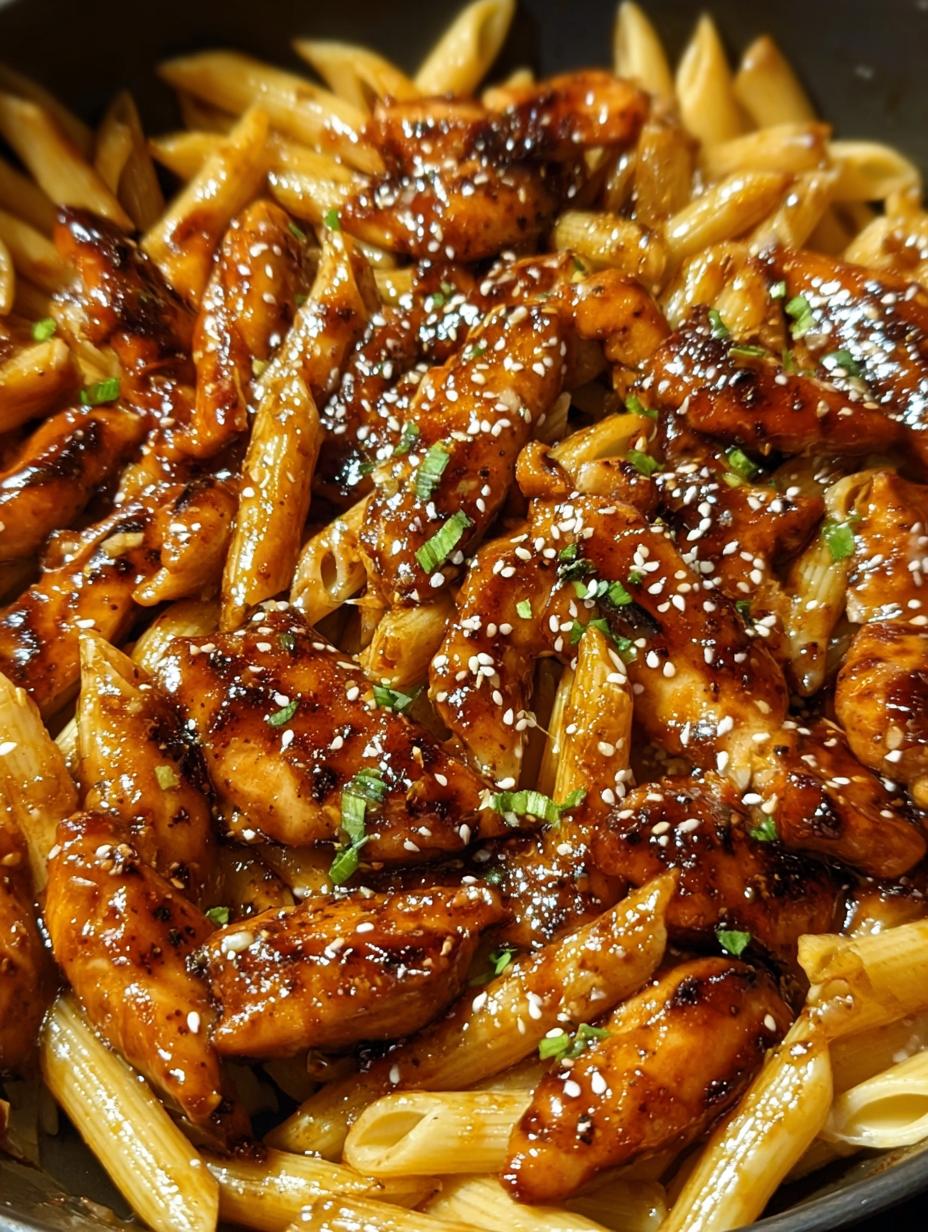 Close-up of Sticky Teriyaki Garlic Honey Chicken Penne, showing the glossy sauce coating the chicken and pasta, with fresh green onions.